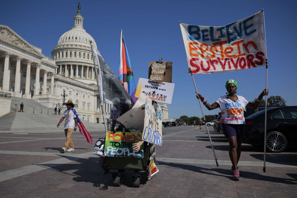 Demonstrators begin arriving for a news conference with alleged victims of disgraced financier and sex trafficker Jeffrey Epstein outside the U.S. Capitol on September 3, 2025, in Washington, D.C.