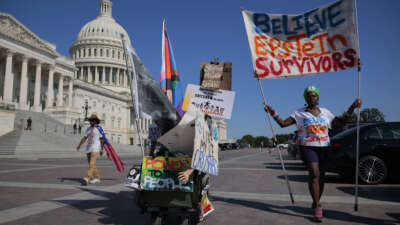 Demonstrators begin arriving for a news conference with alleged victims of disgraced financier and sex trafficker Jeffrey Epstein outside the U.S. Capitol on September 3, 2025, in Washington, D.C.