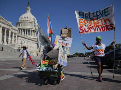 Demonstrators begin arriving for a news conference with alleged victims of disgraced financier and sex trafficker Jeffrey Epstein outside the U.S. Capitol on September 3, 2025, in Washington, D.C.