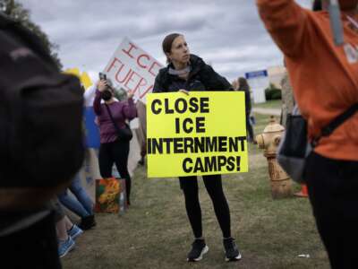 Demonstrators protest outside of the immigration processing and detention facility on October 11, 2025, in Broadview, Illinois.