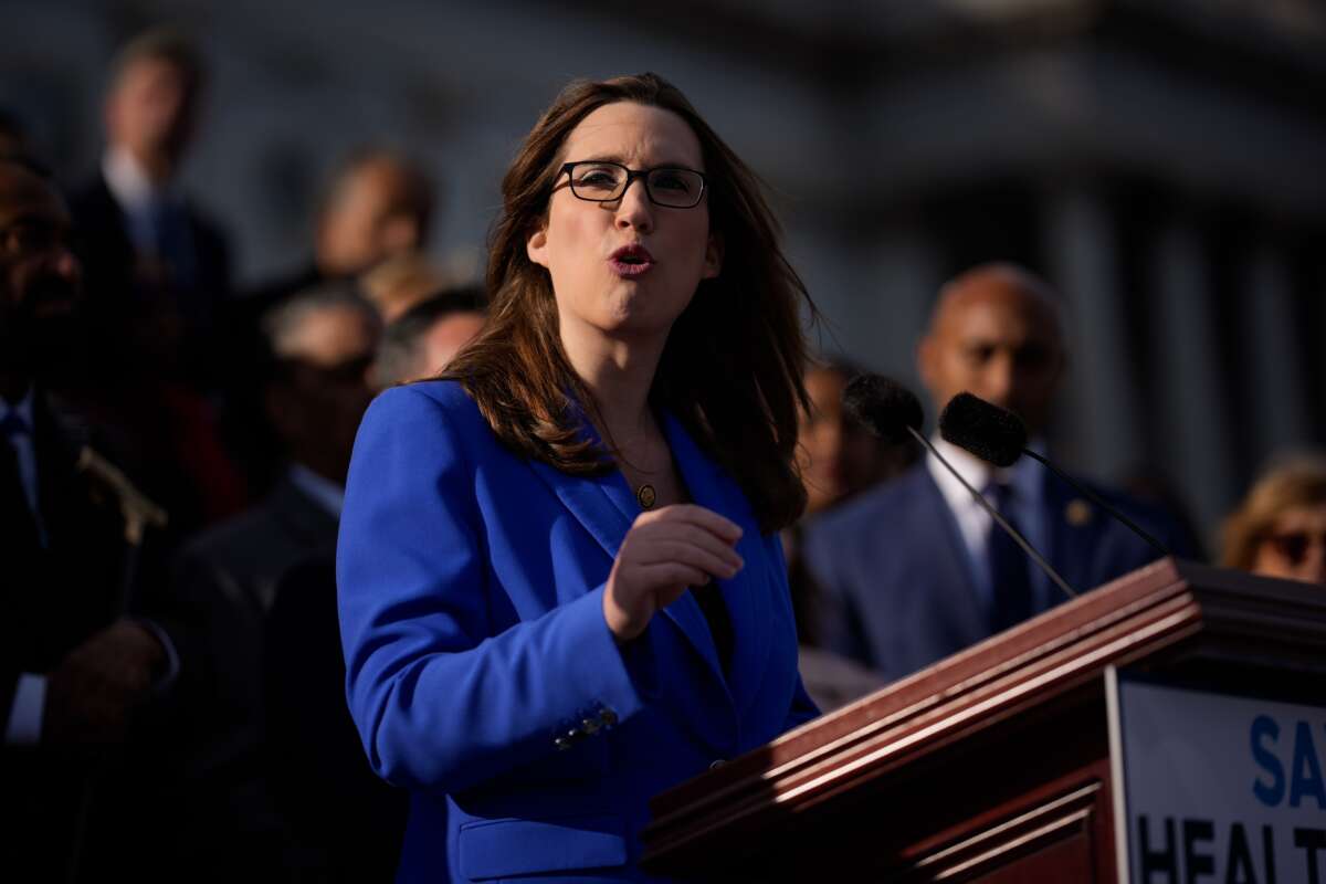Rep. Sarah McBride (D-Delaware), joined by fellow House Democrats, speaks on the House steps on November 12, 2025, in Washington, D.C.
