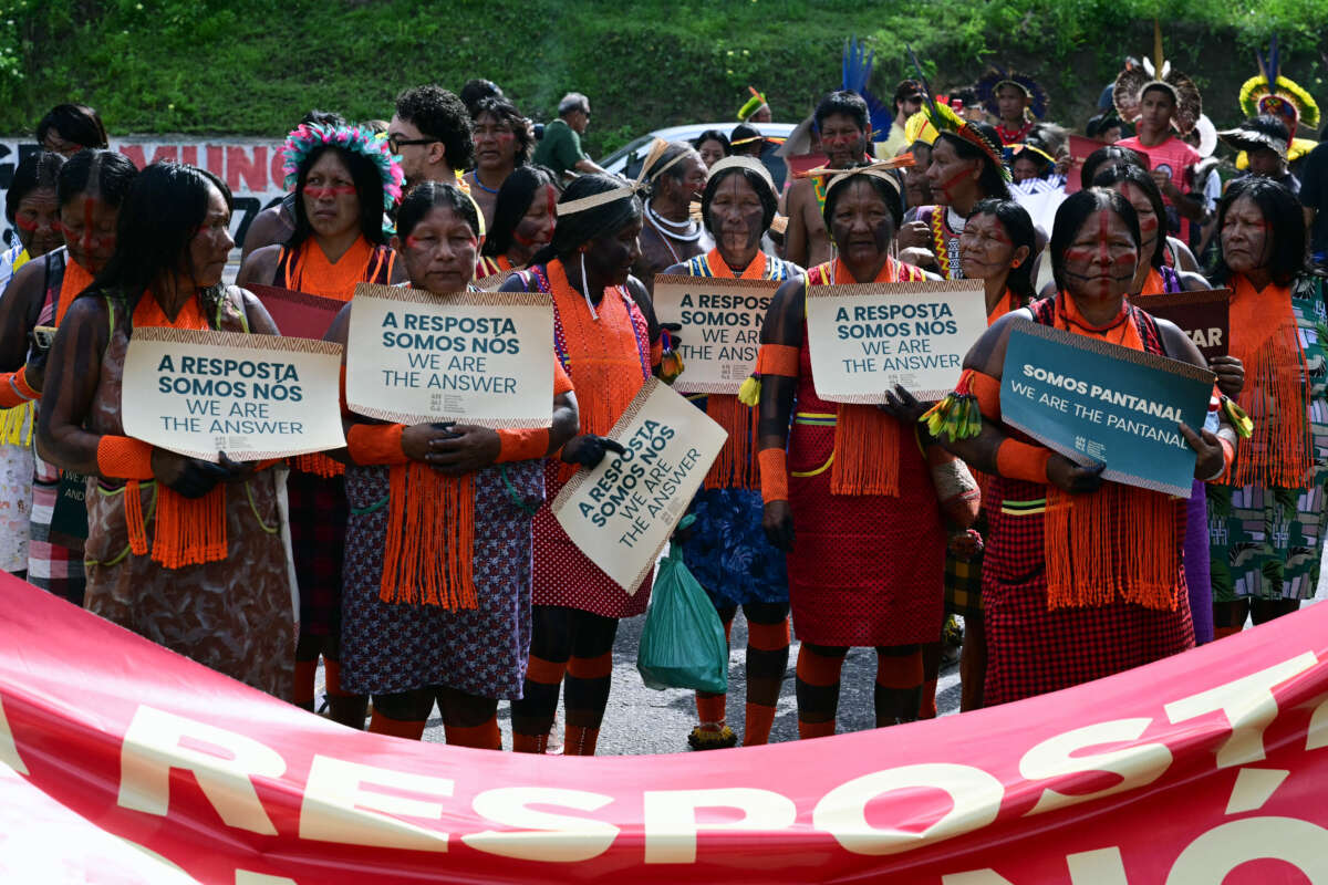 Indigenous people take part in a demonstration called "Indigenous People Global March" during the COP30 UN Climate Change Conference in Belem, Brazil, on November 17, 2025.