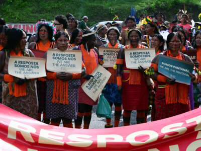 Indigenous people take part in a demonstration called "Indigenous People Global March" during the COP30 UN Climate Change Conference in Belem, Brazil, on November 17, 2025.