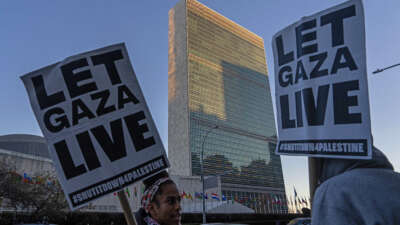 Pro-Palestinian demonstrators gather outside the United Nations headquarters on November 17, 2025, in New York City, New York.