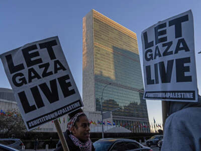 Pro-Palestinian demonstrators gather outside the United Nations headquarters on November 17, 2025, in New York City, New York.