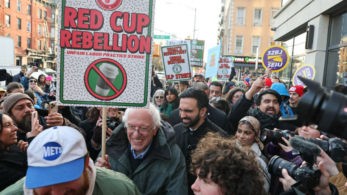 New York City Mayor-elect Zohran Mamdani (R) and U.S .Senator Bernie Sanders join striking Starbucks workers in New York City, on December 1, 2025.