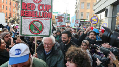 New York City Mayor-elect Zohran Mamdani (R) and U.S .Senator Bernie Sanders join striking Starbucks workers in New York City, on December 1, 2025.