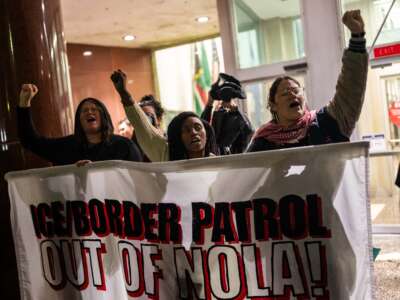 People protest against ICE and Border Patrol outside of City Hall in New Orleans, Louisiana, on December 1, 2025.
