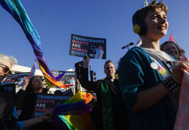Members of Rainbow Families Action march from Bay Street in Emeryville, California, on December 8, 2025, to the Sutter corporate offices on Powell Street to protest the end of gender-affirming care for patients under age 19.