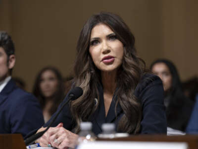 Department of Homeland Security Secretary Kristi Noem answers questions from members of congress during the House Committee on Homeland Security on December 11, 2025, in Washington, D.C.