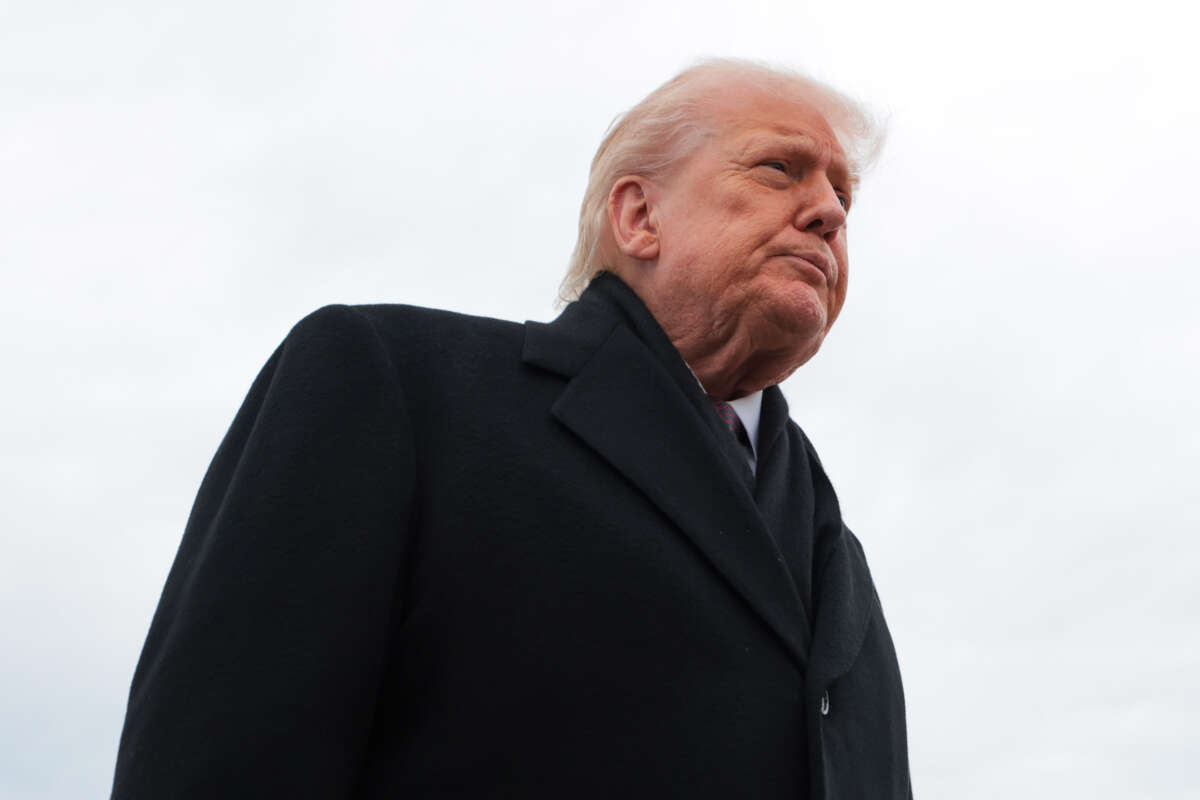 U.S. President Donald Trump speaks to reporters after departing Air Force One on December 17, 2025, in Joint Base Andrews, Maryland.
