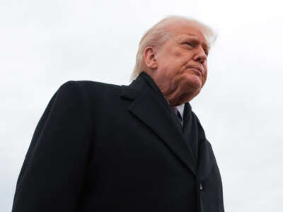 U.S. President Donald Trump speaks to reporters after departing Air Force One on December 17, 2025, in Joint Base Andrews, Maryland.