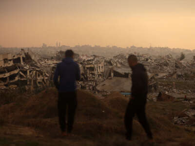 A general view shows destroyed houses in Nuseirat camp in the central Gaza Strip, on December 26, 2025.