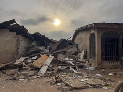 A general view of destroyed structures in Offa, Nigeria, on December 27, 2025, caused by debris from expended munitions that fell from U.S. strikes on unspecified militants linked to the Islamic State group in Nigeria.