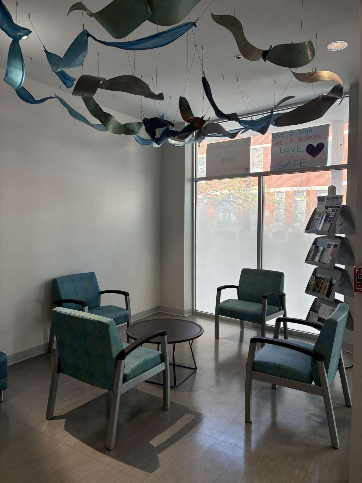 The lobby in the Gateway Project’s community center offers a quiet space for visitors to wait.