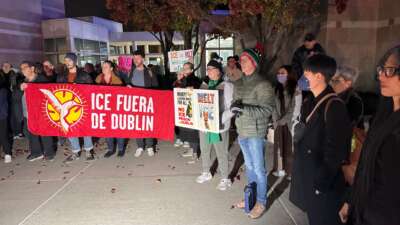 Dublin residents and immigrant justice advocates with the ICE Out of Dublin Coalition gather with signs and banners outside city hall in Dublin, California, before a city council meeting on December 16, 2025.