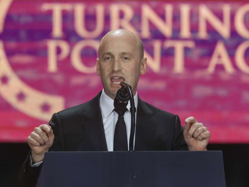 White House Deputy Chief of Staff Stephen Miller speaks during the memorial service for political activist Charlie Kirk at State Farm Stadium on September 21, 2025 in Glendale, Arizona.