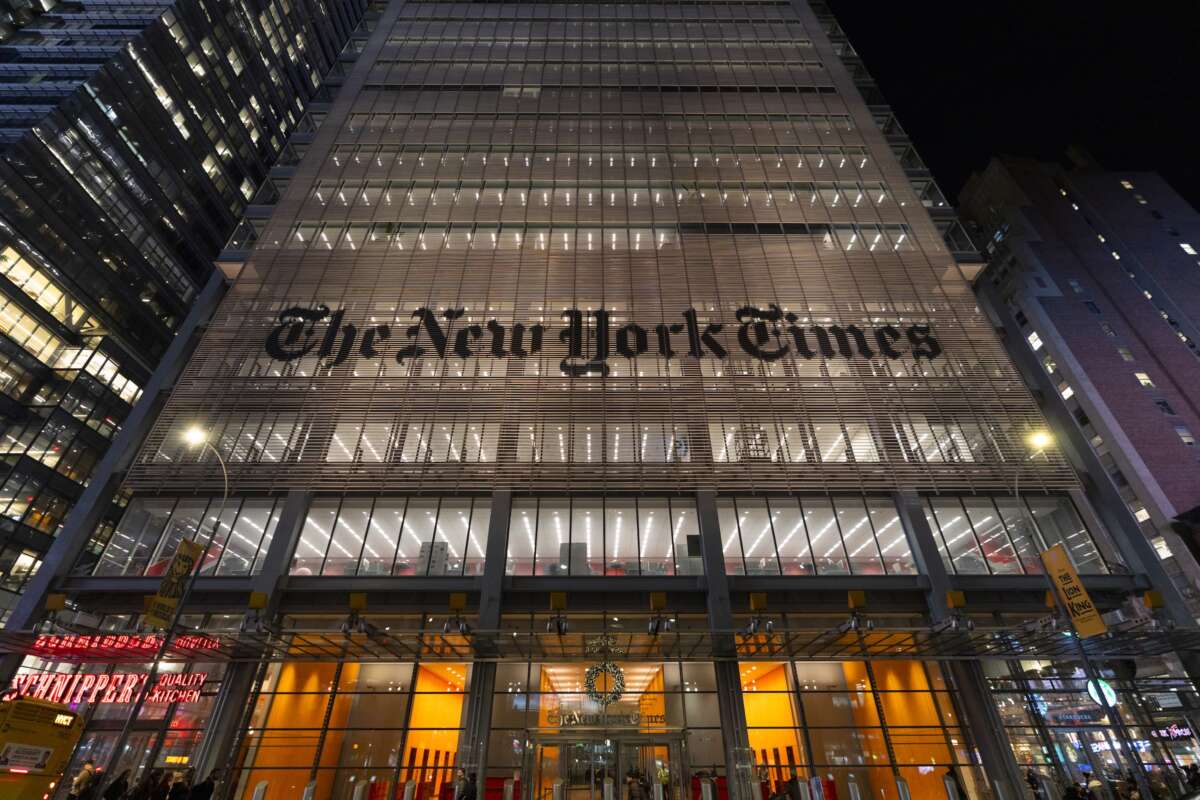 A view of the front of the New York Times building on 8th Avenue at night on December 17, 2025 in New York City.