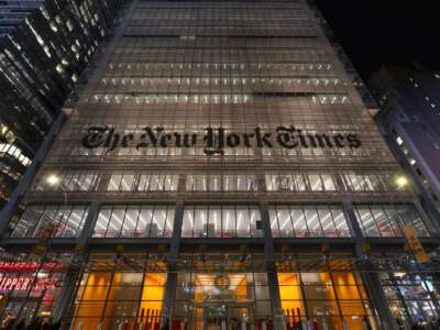 A view of the front of the New York Times building on 8th Avenue at night on December 17, 2025 in New York City.