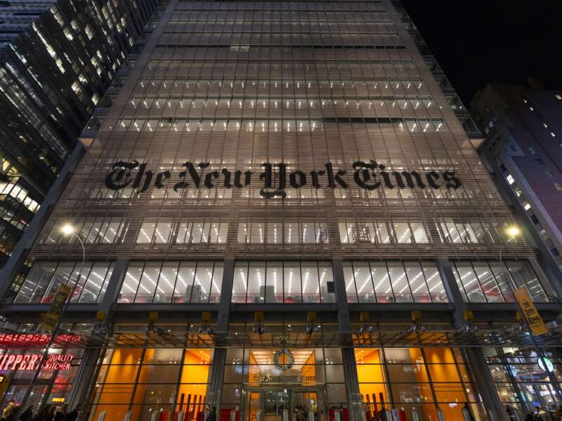 A view of the front of the New York Times building on 8th Avenue at night on December 17, 2025 in New York City.
