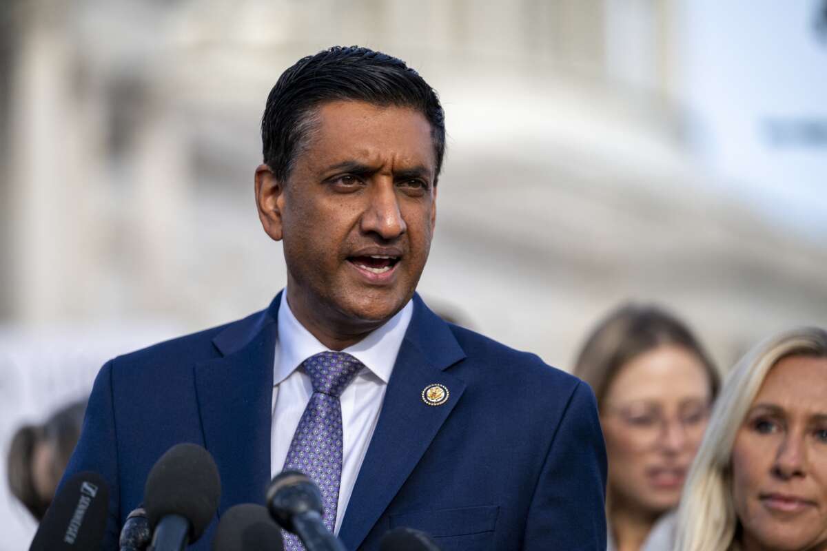 Rep. Ro Khanna (D-California) speaks during a press conference on the "Epstein Files Transparency Act" at the U.S. Capitol in Washington, D.C. on November 18, 2025.