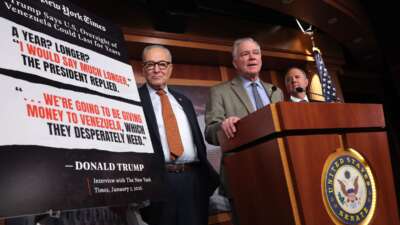 (L-R) Senate Minority Leader Chuck Schumer (D-New York), U.S. Sen. Tim Kaine (D-Virginia) and Sen. Adam Schiff (D-California) hold a news conference on the Venezuela War Powers Resolution at the U.S. Capitol on January 8, 2026 in Washington, D.C.