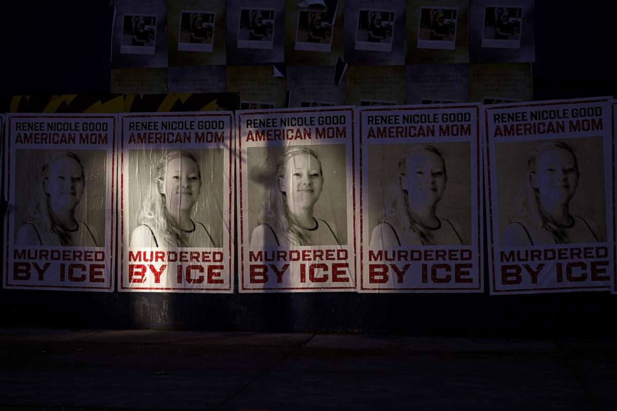 A poster displaying an image of Renee Nicole Good is seen on January 12, 2026 in Minneapolis, Minnesota.
