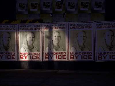 A poster displaying an image of Renee Nicole Good is seen on January 12, 2026 in Minneapolis, Minnesota.