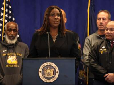 New York Attorney General Letitia James speaks during a press conference on December 15, 2025 in New York City.