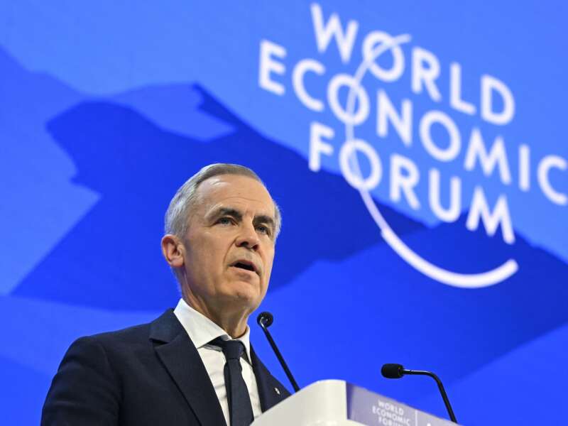Canada's Prime Minister Mark Carney delivers a speech during the World Economic Forum annual meeting in Davos on January 20, 2026.