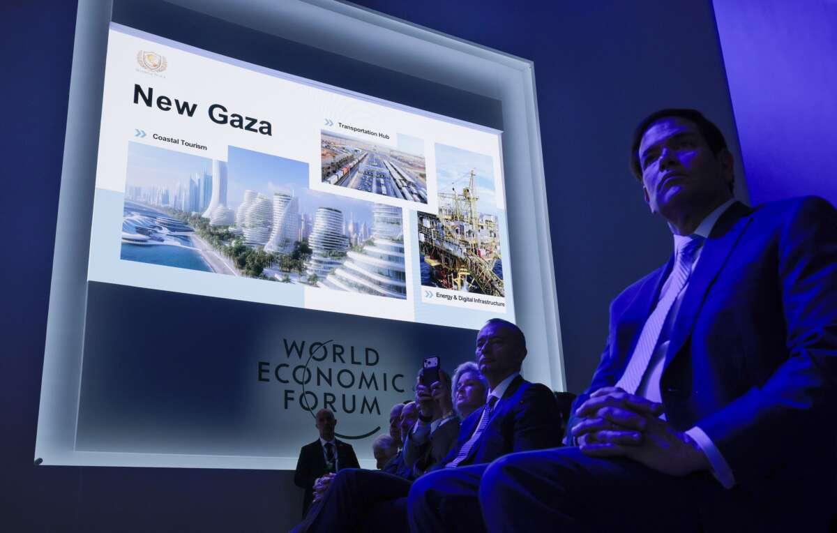 Secretary of State Marco Rubio listens to a presentation by Trump Administration officials about post-genocide Gaza following a signing ceremony for the “Board of Peace” at the World Economic Forum on January 22, 2026 in Davos, Switzerland.