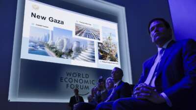Secretary of State Marco Rubio listens to a presentation by Trump Administration officials about post-genocide Gaza following a signing ceremony for the “Board of Peace” at the World Economic Forum on January 22, 2026 in Davos, Switzerland.
