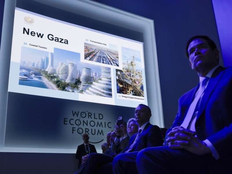 Secretary of State Marco Rubio listens to a presentation by Trump Administration officials about post-genocide Gaza following a signing ceremony for the “Board of Peace” at the World Economic Forum on January 22, 2026 in Davos, Switzerland.