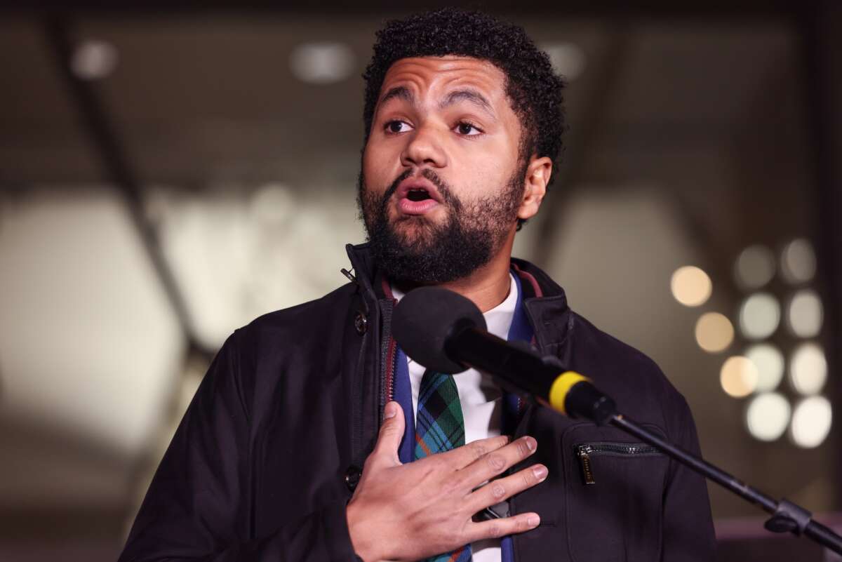 Rep. Maxwell Frost (D-Florida) speaks during the ICE Out for Good Protest at the U.S. Customs and Border Protection Office on January 13, 2026 in Washington, D.C.