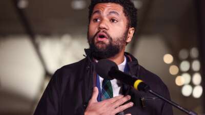 Rep. Maxwell Frost (D-Florida) speaks during the ICE Out for Good Protest at the U.S. Customs and Border Protection Office on January 13, 2026 in Washington, D.C.
