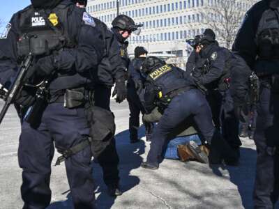 Department of Homeland Security police officers arrest a person outside of the Bishop Henry Whipple Federal Building on January 14, 2026 in Minneapolis, Minnesota.