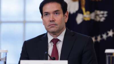 U.S. Secretary of State Marco Rubio looks on during a meeting with oil and gas executives in the East Room of the White House on January 9, 2026 in Washington, D.C.