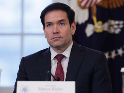 U.S. Secretary of State Marco Rubio looks on during a meeting with oil and gas executives in the East Room of the White House on January 9, 2026 in Washington, D.C.