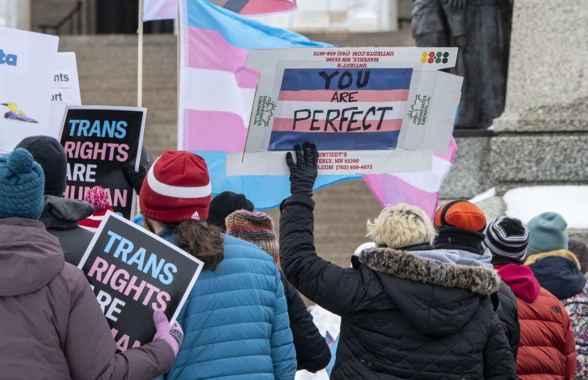 Protesters rally to support trans kids in St. Paul, Minnesota, on March 6, 2022.