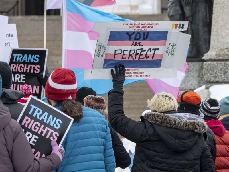Protesters rally to support trans kids in St. Paul, Minnesota, on March 6, 2022.