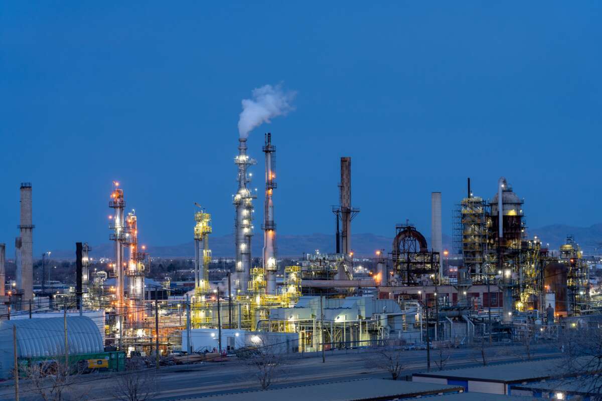 An oil refinery lit up in pre-dawn twilight near Salt Lake City, Utah, on March 26, 2022. Bills strictly limiting state and city officials’ ability to bring climate lawsuits against oil companies have already been introduced in Utah and Oklahoma.