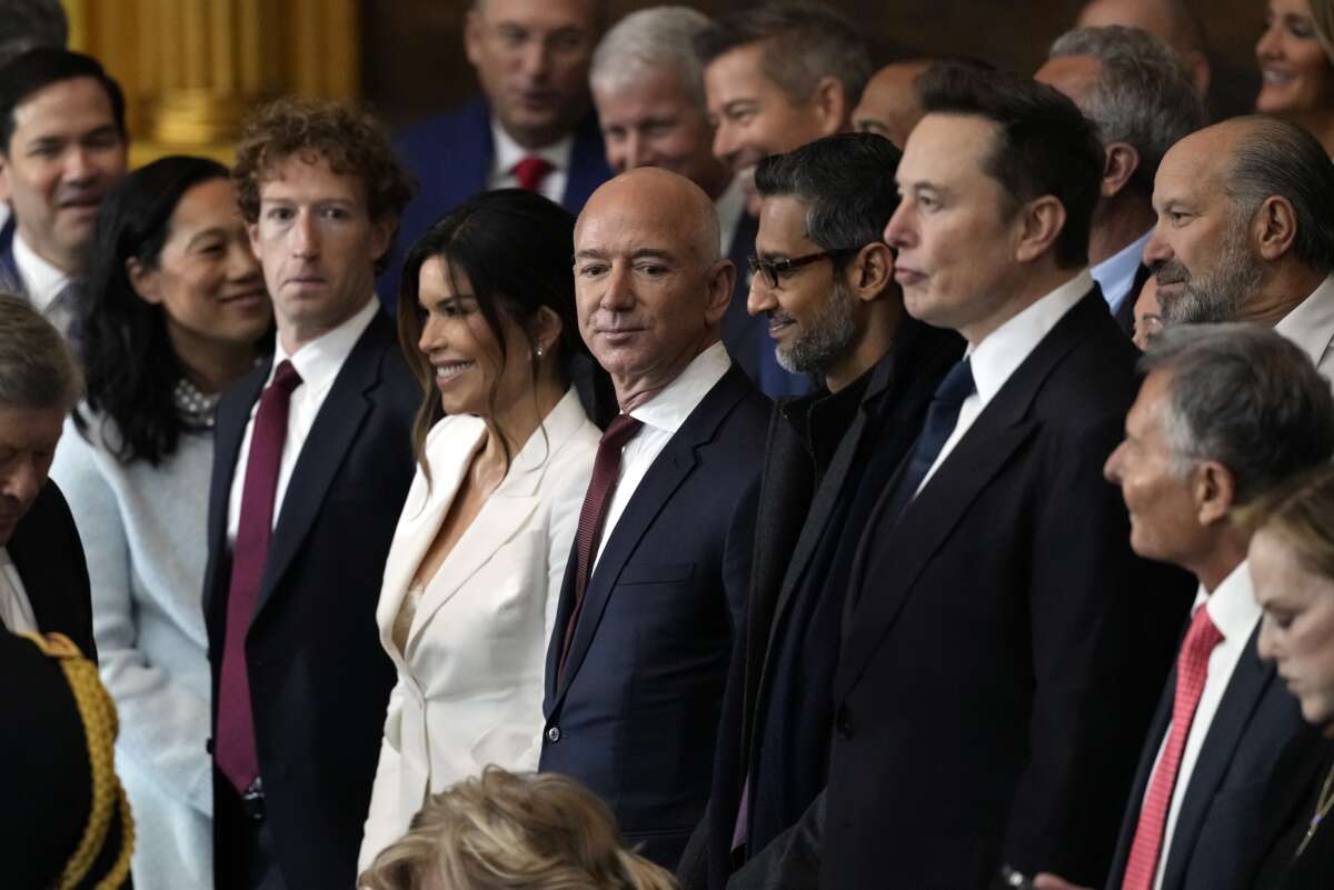 Guests including Mark Zuckerberg, Lauren Sanchez, Jeff Bezos, Sundar Pichai, and Elon Musk attend the inauguration of Donald Trump in the U.S. Capitol Rotunda on January 20, 2025, in Washington, D.C.