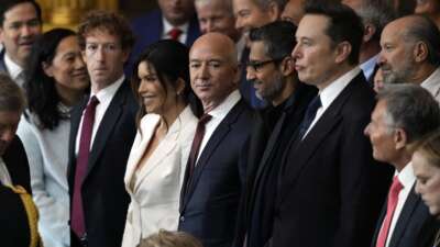 Guests including Mark Zuckerberg, Lauren Sanchez, Jeff Bezos, Sundar Pichai, and Elon Musk attend the inauguration of Donald Trump in the U.S. Capitol Rotunda on January 20, 2025, in Washington, D.C.