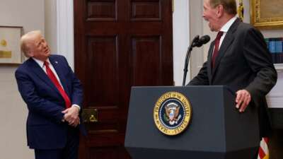 Oracle co-founder, CTO and Executive Chairman Larry Ellison speaks during a news conference with Donald Trump in the Roosevelt Room of the White House on January 21, 2025, in Washington, D.C.