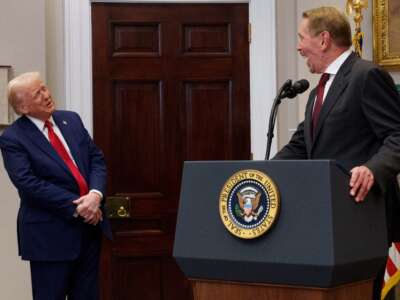 Oracle co-founder, CTO and Executive Chairman Larry Ellison speaks during a news conference with Donald Trump in the Roosevelt Room of the White House on January 21, 2025, in Washington, D.C.