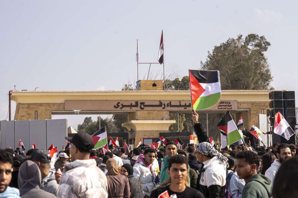 Egyptians protest in front of the Rafah crossing, rejecting the displacement of Palestinians to Egypt and Jordan on January 31, 2025, in Rafah, Egypt.