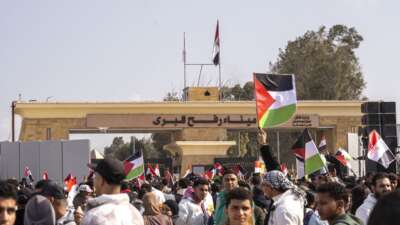 Egyptians protest in front of the Rafah crossing, rejecting the displacement of Palestinians to Egypt and Jordan on January 31, 2025, in Rafah, Egypt.