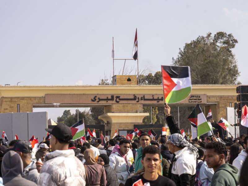 Egyptians protest in front of the Rafah crossing, rejecting the displacement of Palestinians to Egypt and Jordan on January 31, 2025, in Rafah, Egypt.