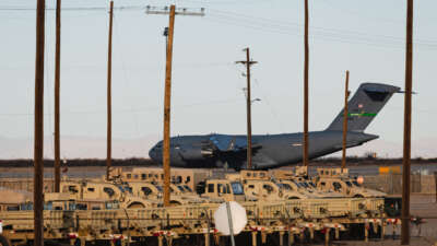 A United States Air Force Boeing C-17 used for deportation flights is pictured at Biggs Army Airfield in Fort Bliss, El Paso, Texas, on February 13, 2025.