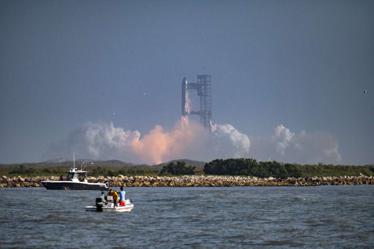 The SpaceX Starship rocket launches from Starbase, Texas, as seen from South Padre Island on May 27, 2025. SpaceX mission control lost contact with the upper stage of Starship as it leaked fuel, spun out of control, and made an uncontrolled reentry after flying halfway around the world, likely disintegrating over the Indian Ocean, officials said.